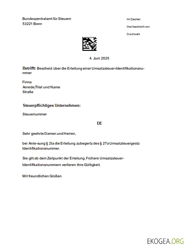 Allemagne Bundeszentralamt für Steuern Modèle d'enregistrement à la TVA scr